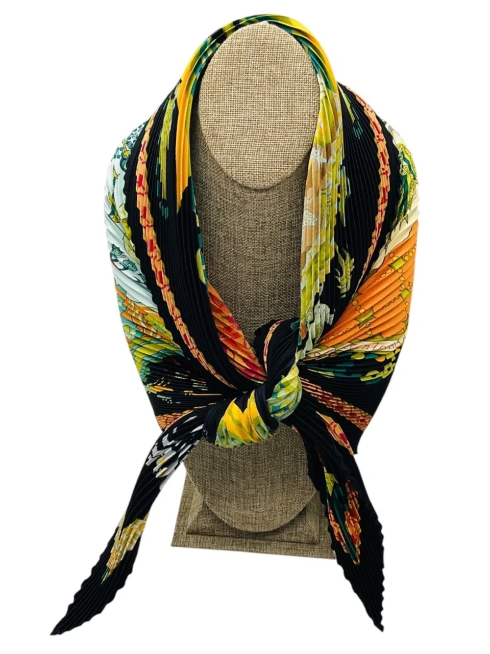 HERMES BLACK MULTI LES PRINTEMPS DE THERA PRINT PLISSE PLEATED SILK TWILL SCARF